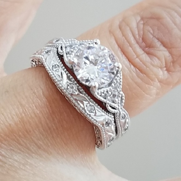 14k white Gold princess cut square stone 2 pc Engagement  14k White Gold Engagement Ring & Wedding Band 2pc